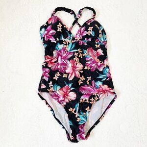 5/$25 Merona bold spring dark floral strappy tie‎ back one piece swimsuit